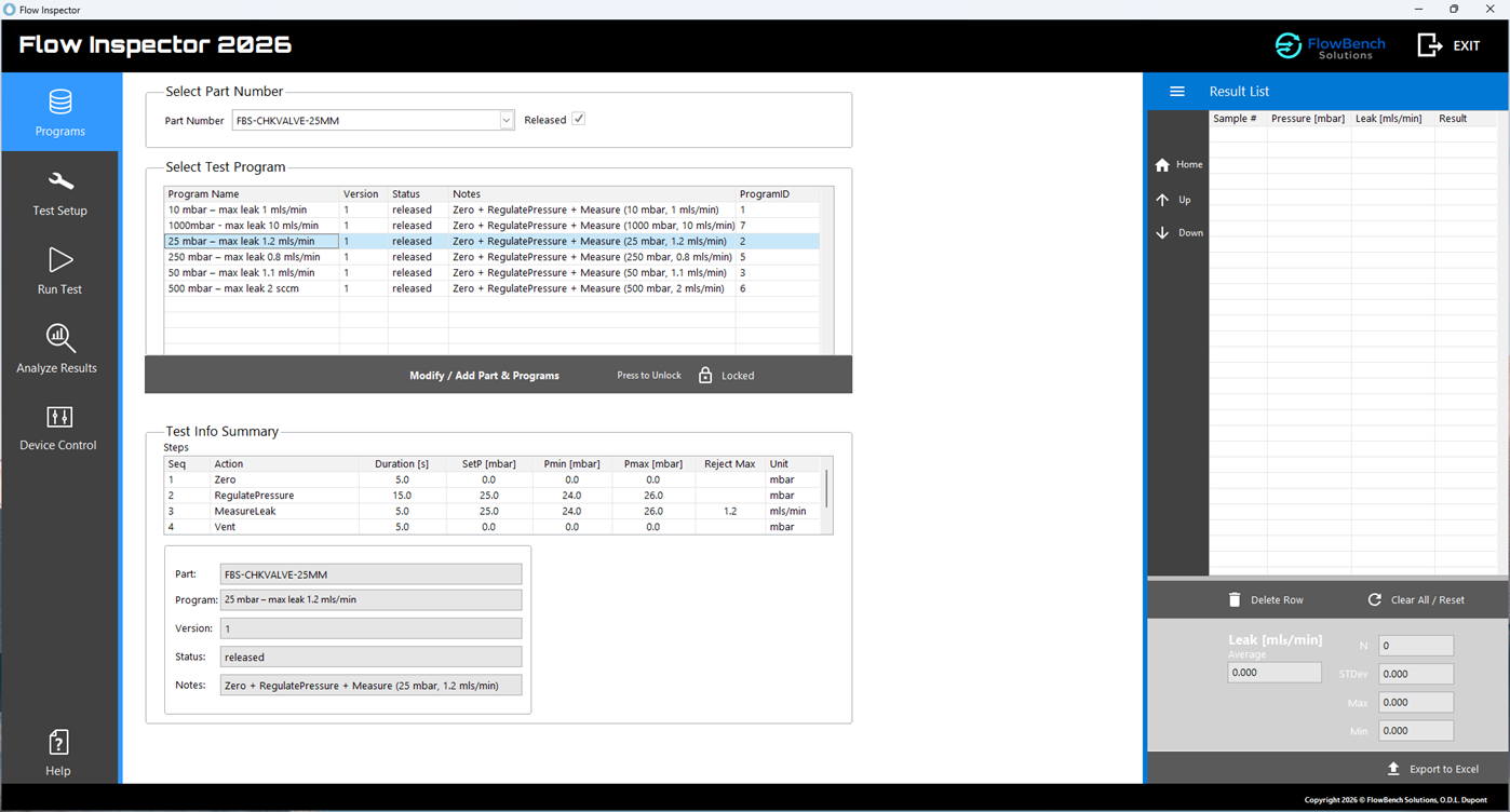 Flow Inspector 2026 software — programma’s en testrecepten per partnummer