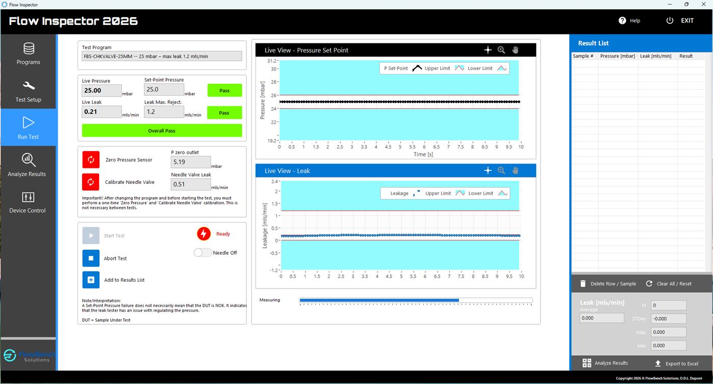 Flow Inspector 2026 software — live testrun met pass/fail-bewaking